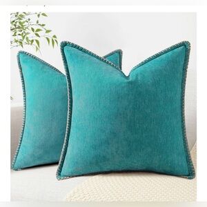 NEW Chenille Soft Throw Pillow Covers 22x22 Set of 2 Stitched Edge Turquoise